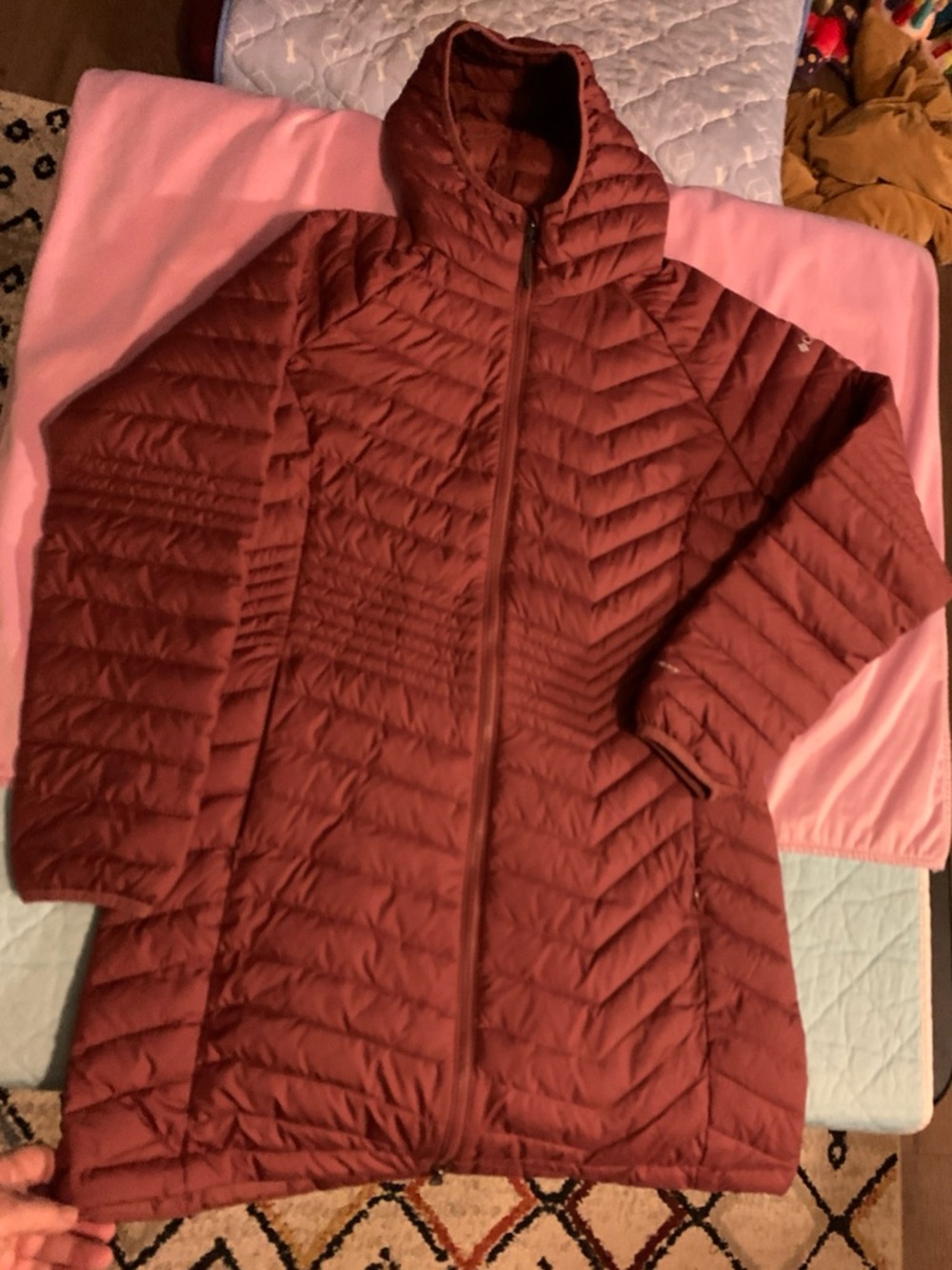 Columbia Omni Heat  Hooded Coat Women’s  Large, Long - Maroon Red Ski Coat